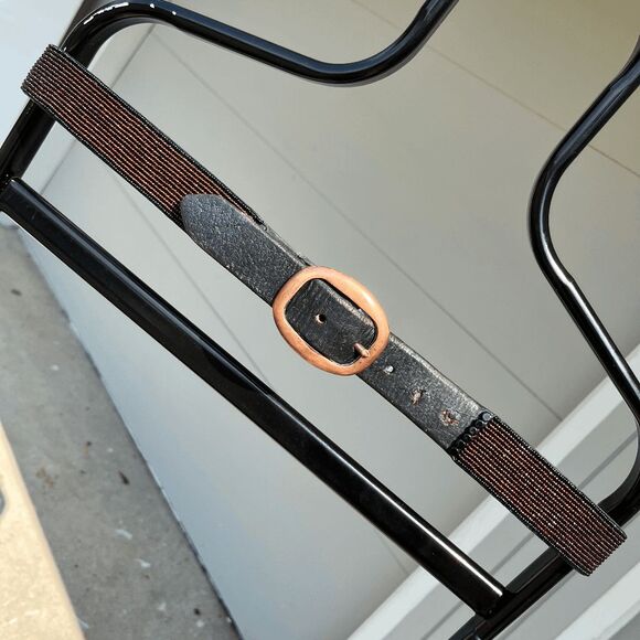 VTG 1970s Leather Bead Embellished Belt Unisex Solid Brass Buckle - Picture 2 of 10